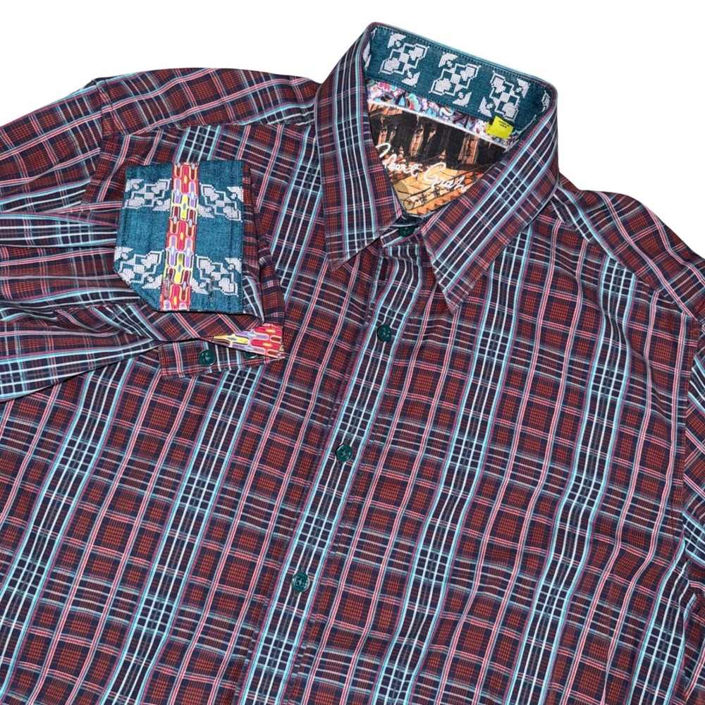 Robert Graham Button Down Mens L Burgundy Plaid Excellent Classic Fit Shirt